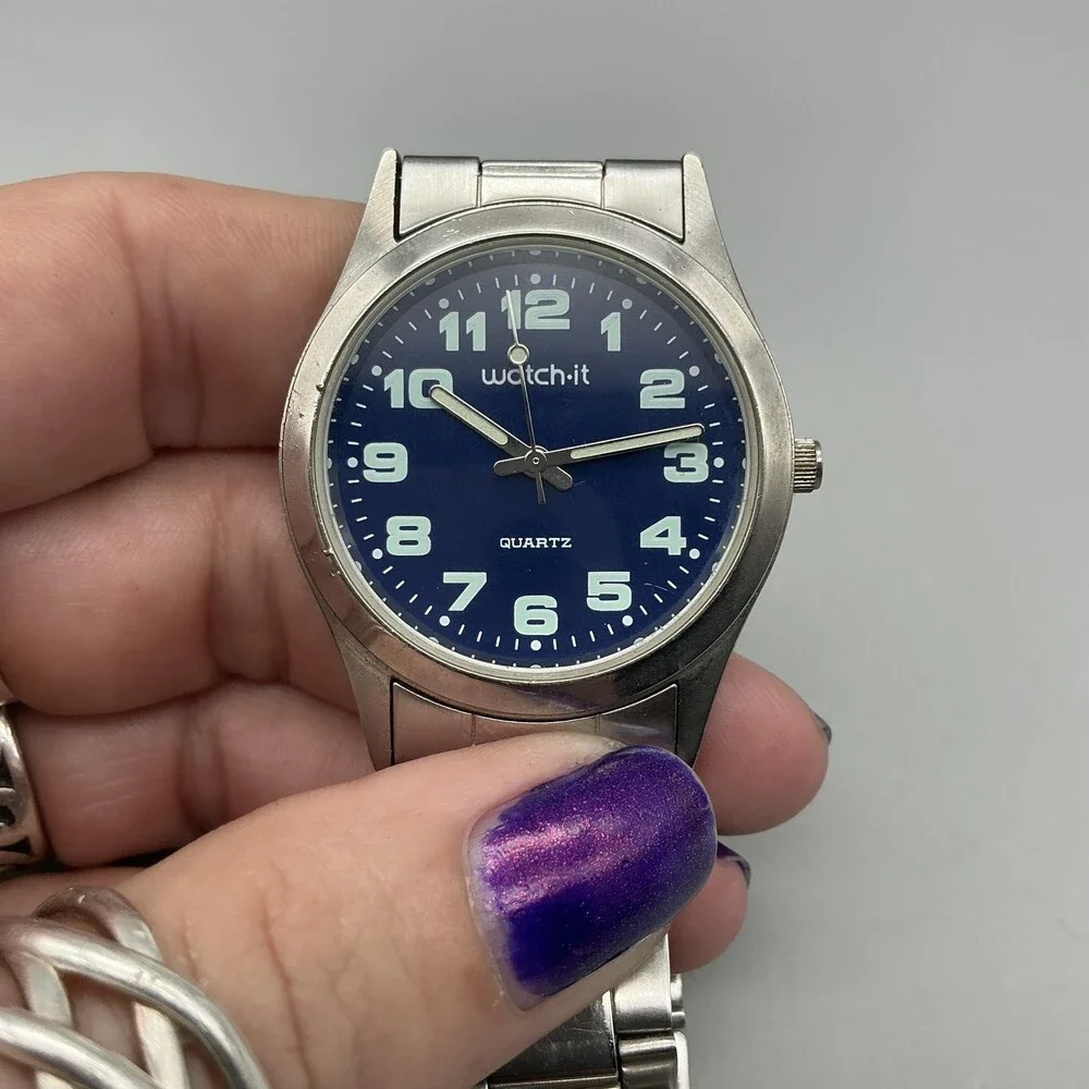 Watch-it Mens Watch 36mm Blue Dial Silver Tone Bracelet New Battery 8